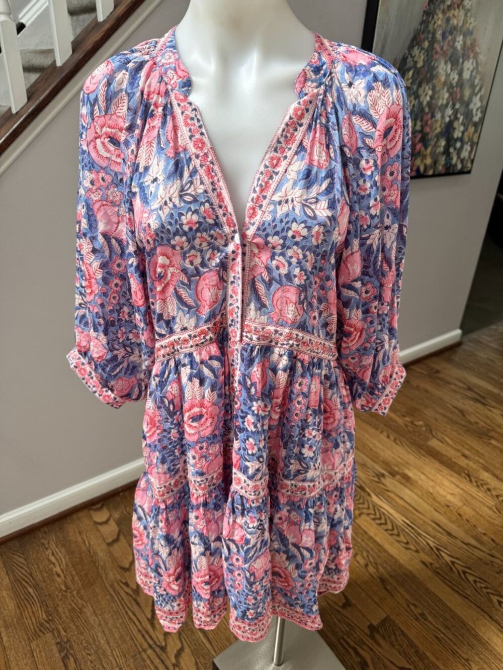Bell by Alicia Bell Cotton Silk Pink Printed Clara Mini Dress Pink Blue Medium